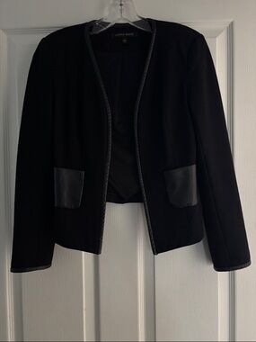 Cynthia Steffe Black Open-Front Faux-Leather Trim Blazer Sz S